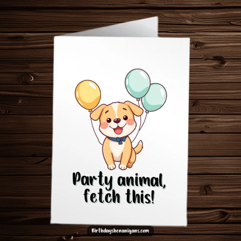 Funny Free Printable Kawaii Dog Birthday Card: A happy dog with balloons tied to its tail bouncing excitedly.
