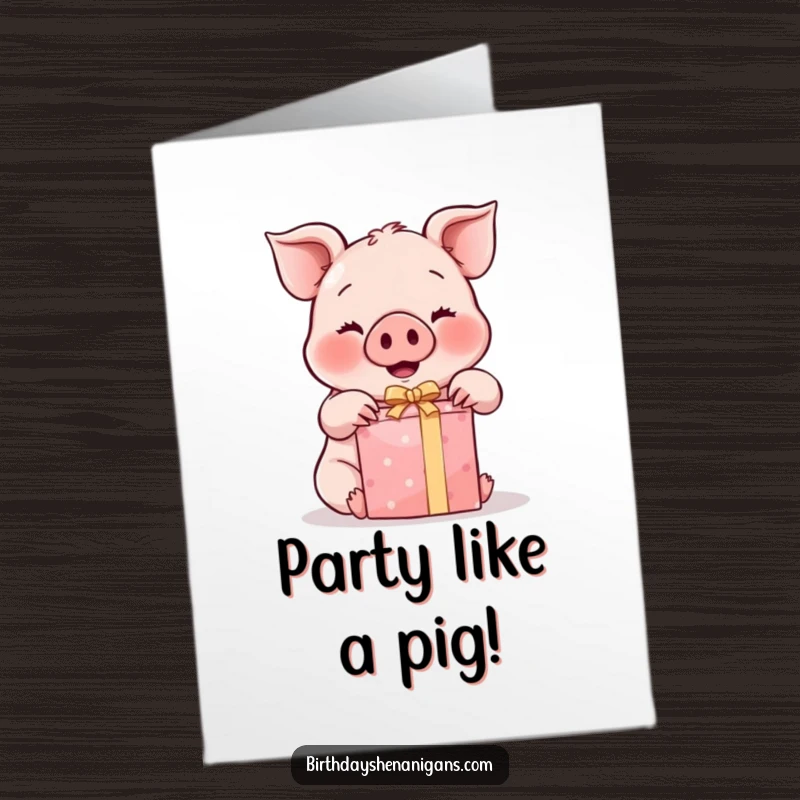 Funny Free Printable Birthday Card: A kawaii pig with rosy cheeks excitedly unwrapping a gift, pure anticipation.