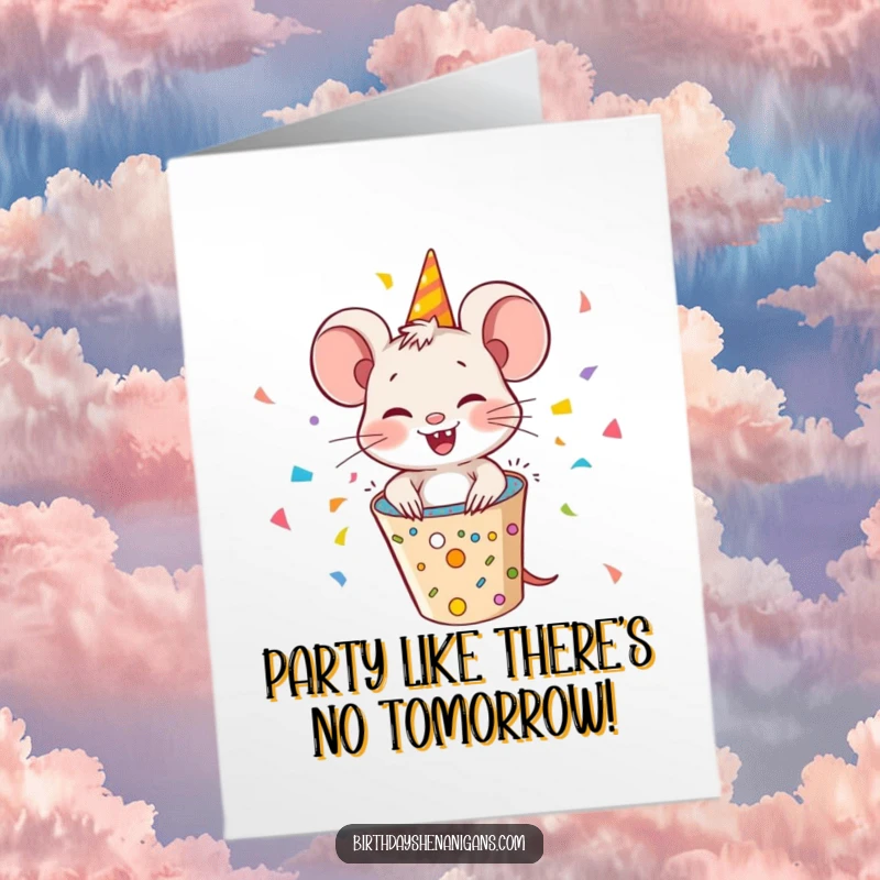 Funny Free Printable Birthday Card: Giggling mouse pops from a confetti popper, a perfect downloadable gift for laughs.