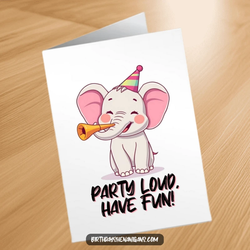 Funny Free Printable Birthday Card showcasing a large, joyful elephant enthusiastically blowing a loud party horn with glee.
