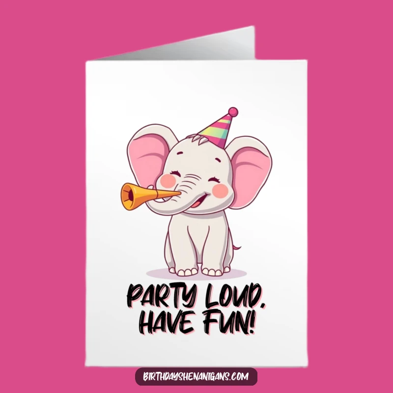 Free Printable Birthday Card: Joyful Elephant Party Horn Blast for a Funny Downloadable Gift