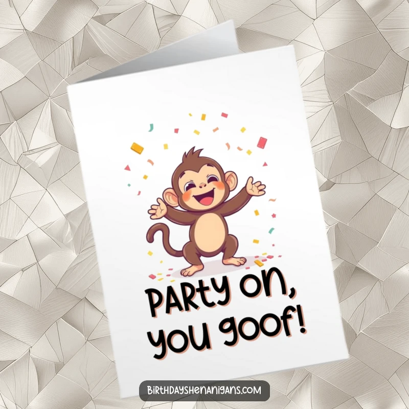 Funny Free Printable Kawaii Monkey Birthday Card: A happy monkey enthusiastically throwing a shower of colorful confetti.