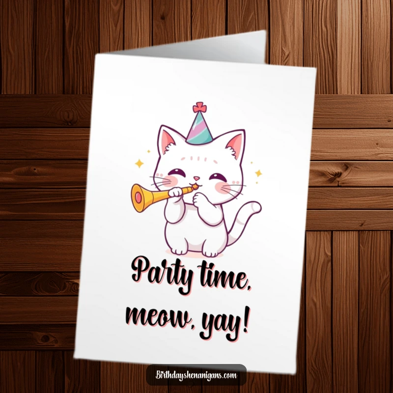 Funny Free Printable Birthday Card featuring a kawaii cat wearing a birthday hat and blowing a trumpet, announcing happy birthday.