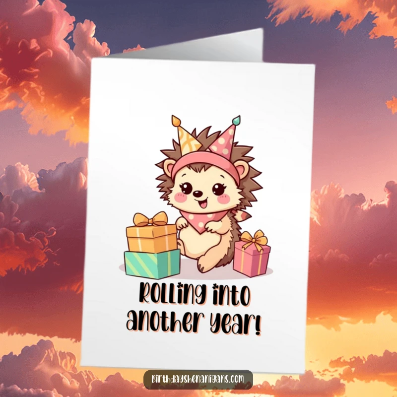 Funny Free Printable Birthday Card: Happy hedgehog in bandana rolls enthusiastically towards a pile of presents.