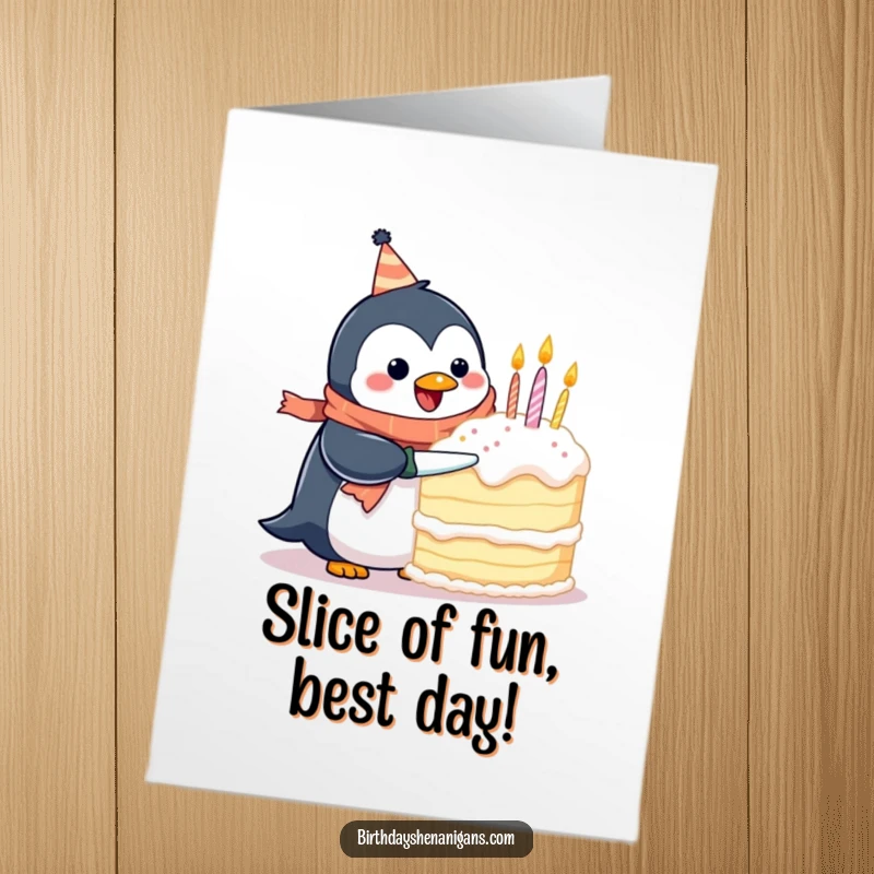 Funny Free Printable Birthday Card: Happy penguin in birthday scarf struggles to cut a massive cake, creating a comical scene.