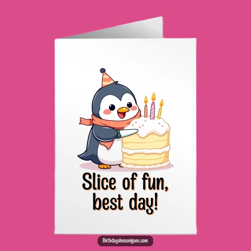 Free Printable Birthday Card: Penguin Cuts Cake For Hilarious DIY Party Wishes
