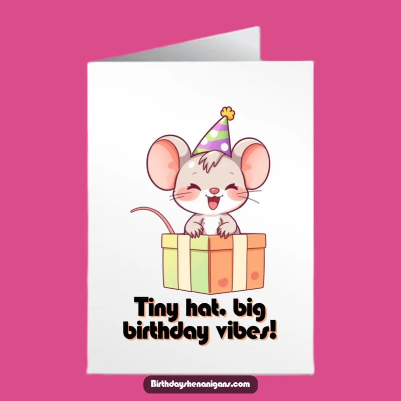 Free Printable Giggling Mouse Birthday Card: Funny Mouse Riding Gift Box Downloadable