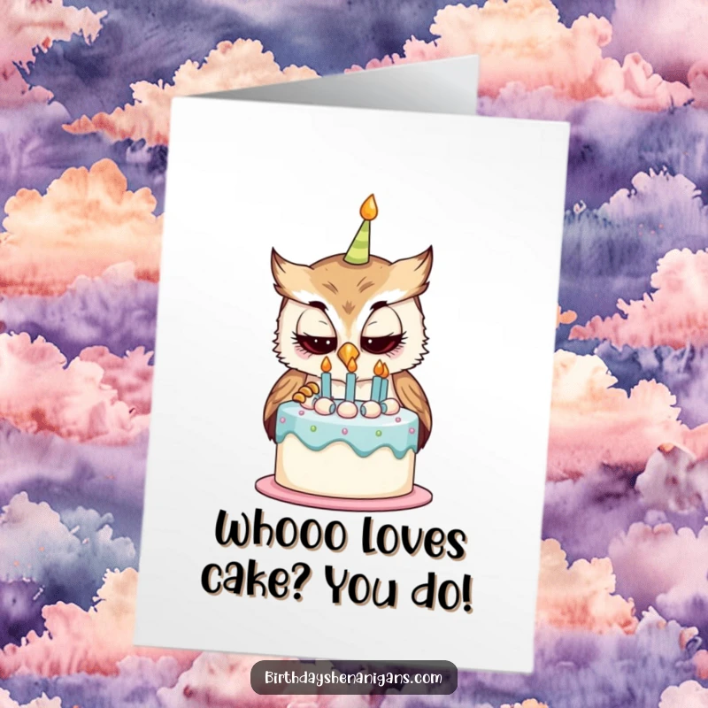 Funny Free Printable Birthday Card: Curious owl character peering intently at a birthday cake, perhaps planning a nibble.