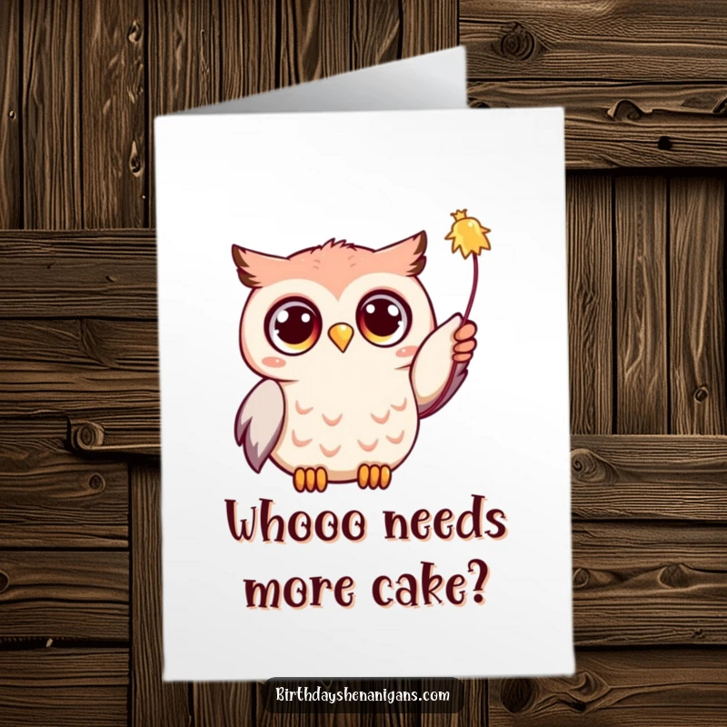 Funny Free Printable Birthday Card of a delighted Kawaii owl with huge eyes, joyfully reaching for a colorful streamer.