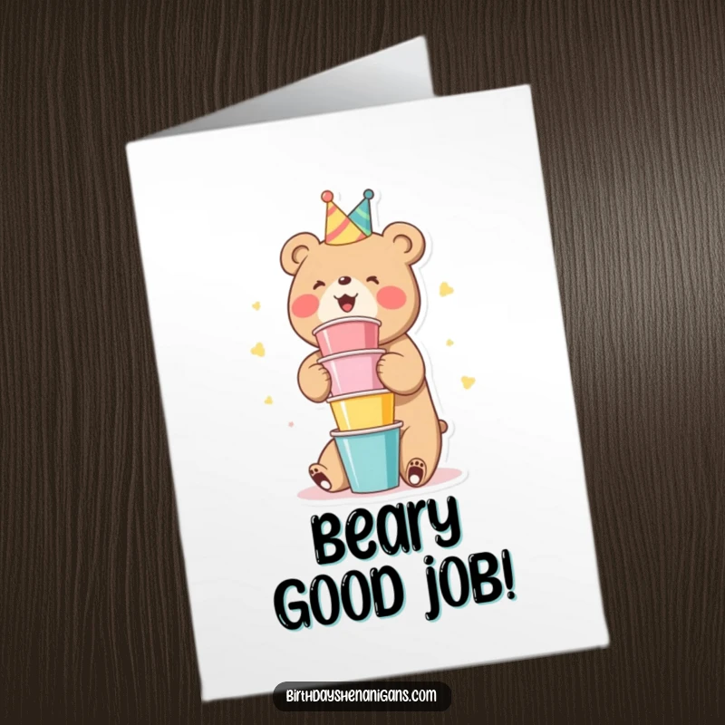 Funny Free Printable Congratulations Card: A cheerful bear is stacking colorful party cups with glee, celebrating a big win.