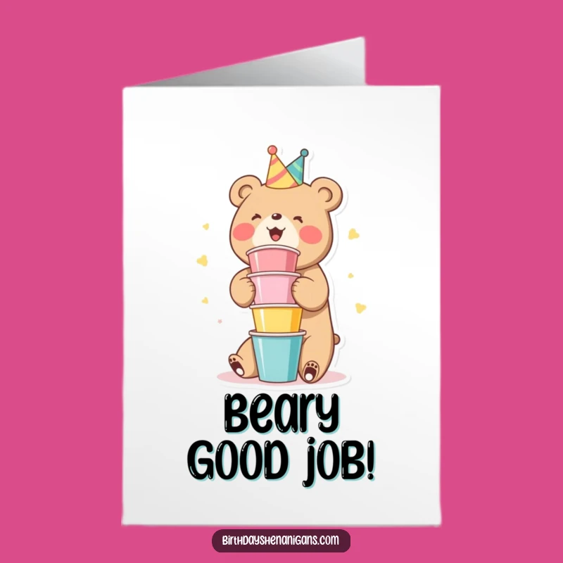 Free Printable Congrats Card: Bear Party Cup Stacking Humor for Celebrations