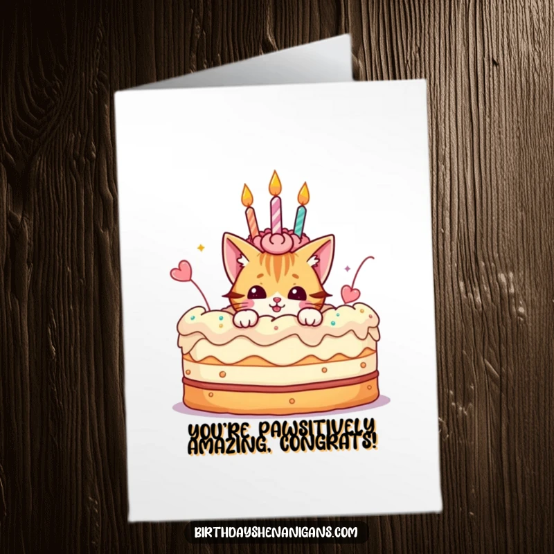 Funny Free Printable Congratulations Card: A playful cat emerges from a large cake, celebrating a sweet success with mischievous glee.