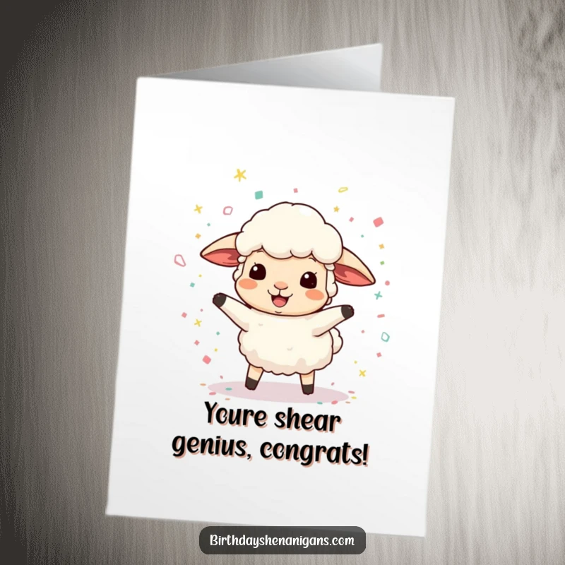 Funny Free Printable Congratulations Card showcasing a happy sheep jumping in confetti, perfect for celebrating big wins.