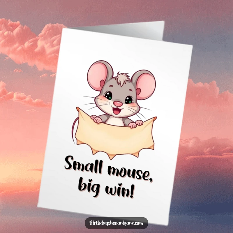 Funny Free Printable Congratulations Card showing a focused mouse meticulously hanging a festive banner for a special event.