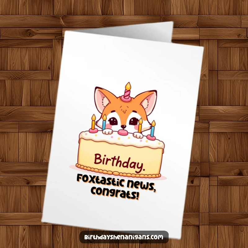 Funny free printable congratulations card featuring a mischievous fox hiding behind a large birthday cake, a clever downloadable art piece.