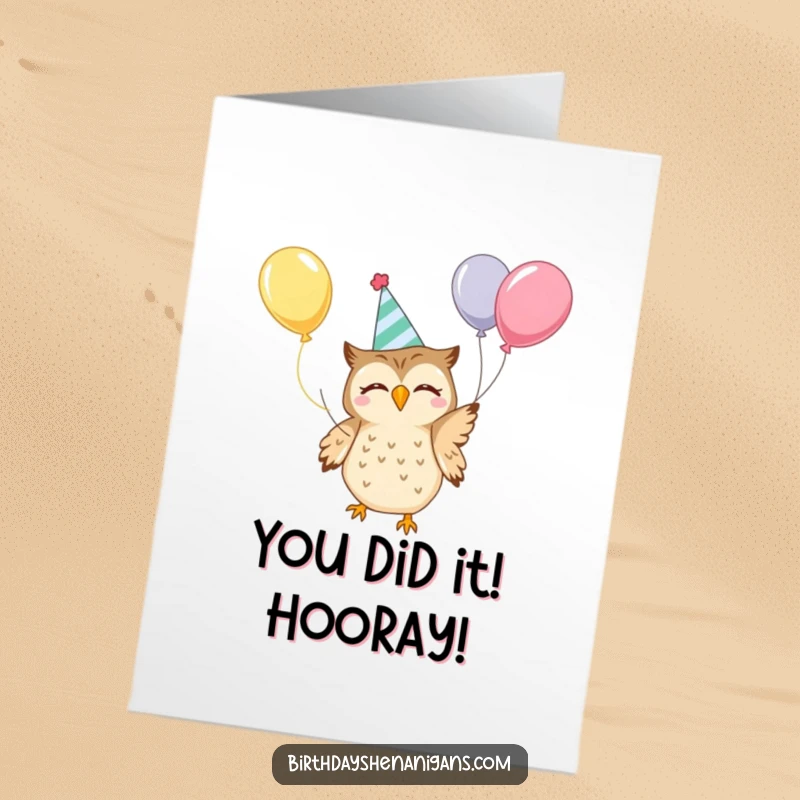 Funny Free Printable Congratulations Card: Adorable kawaii owl in a party hat gleefully juggling balloons, celebrating success.