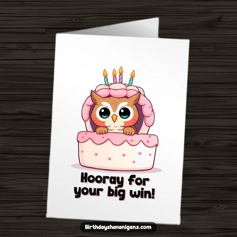 Funny free printable congratulations card of a curious owl peeking from behind a symbolic prize, celebrating achievement.