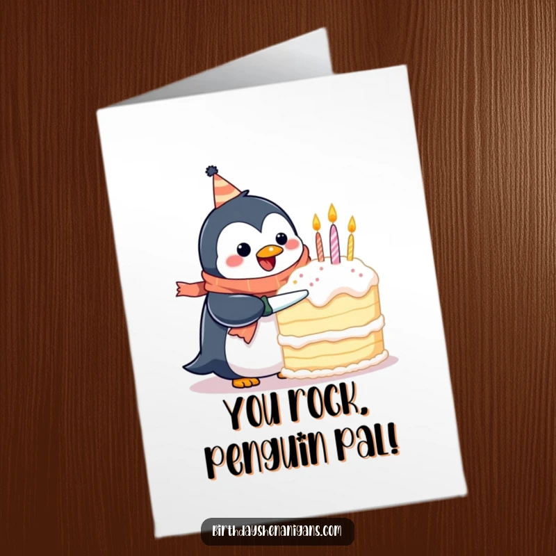 Funny Free Printable Congrats Card: Penguin wearing a festive scarf battles a huge cake, symbolizing conquering challenges.