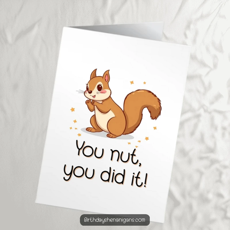 Funny free printable congratulations card featuring a mischievous squirrel scattering wrapping paper, celebrating wins with playful disorder.
