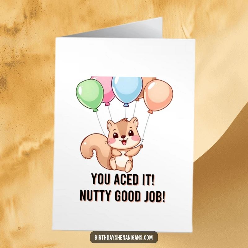 Funny Free Printable Congratulations Card: A mischievous squirrel hanging upside down from balloon strings, celebrating a big win.
