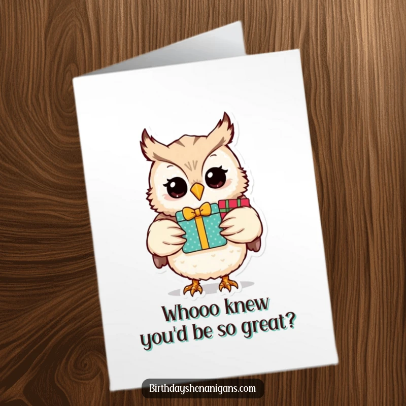 Funny Free Printable Congratulations Card: An owl beaming with pride, holding an impressive stack of gifts to celebrate a big win.