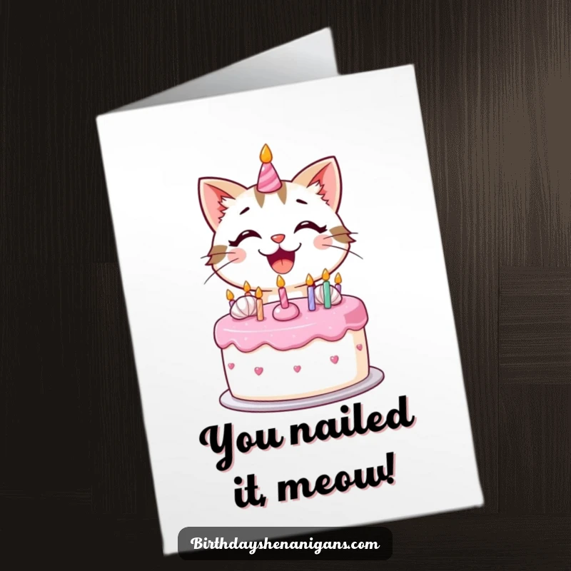 Funny Free Printable Congratulations Card: A smiling kawaii cat decorating a birthday cake, perfect for any celebration.