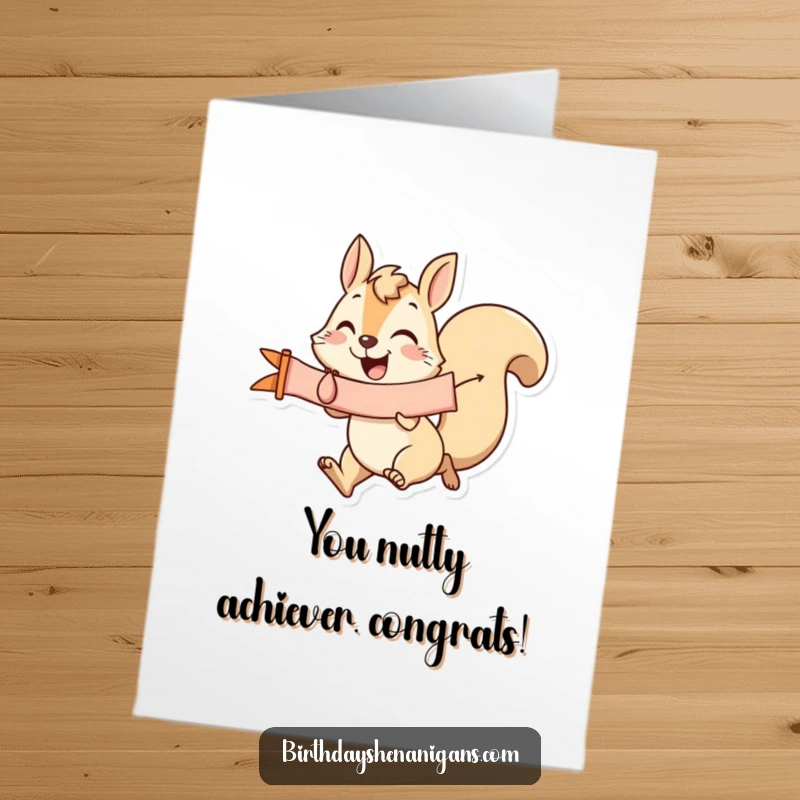 Funny Free Printable Congratulations Card: A cheerful squirrel sprinting with a congratulatory banner, spreading good vibes.