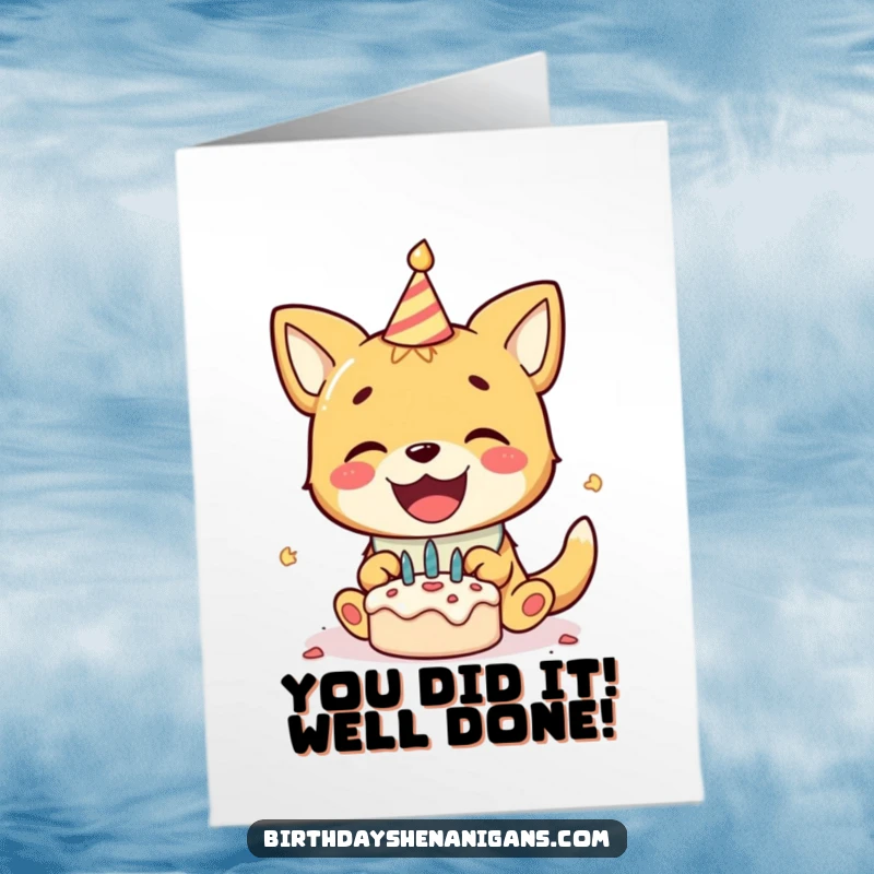 Funny free printable congratulations card: a delighted dog wearing a birthday bib gleefully smashes a tiny cake.