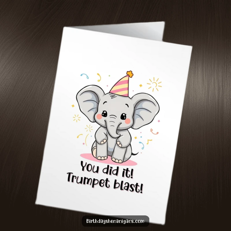 Funny Free Printable Congrats Card: Delighted elephant in party hat sprays poppers for a successful occasion.