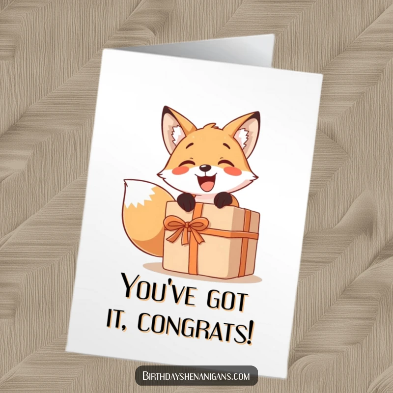 Funny Free Printable Congratulations Card: A happy fox unwraps a huge present, celebrating a momentous achievement with excitement.