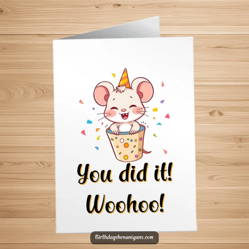 Funny Free Printable Congrats Card: Giggling mouse shoots from a party popper, a great downloadable gift for celebrations.
