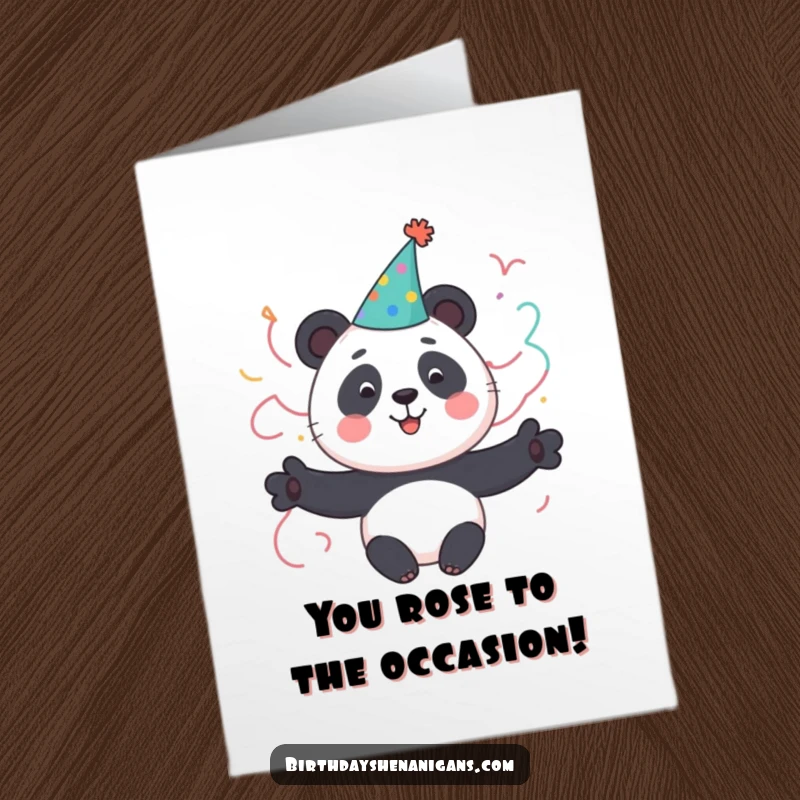 Funny free printable congratulations card featuring a cute panda character wearing a party hat and streamers, celebrating an achievement.