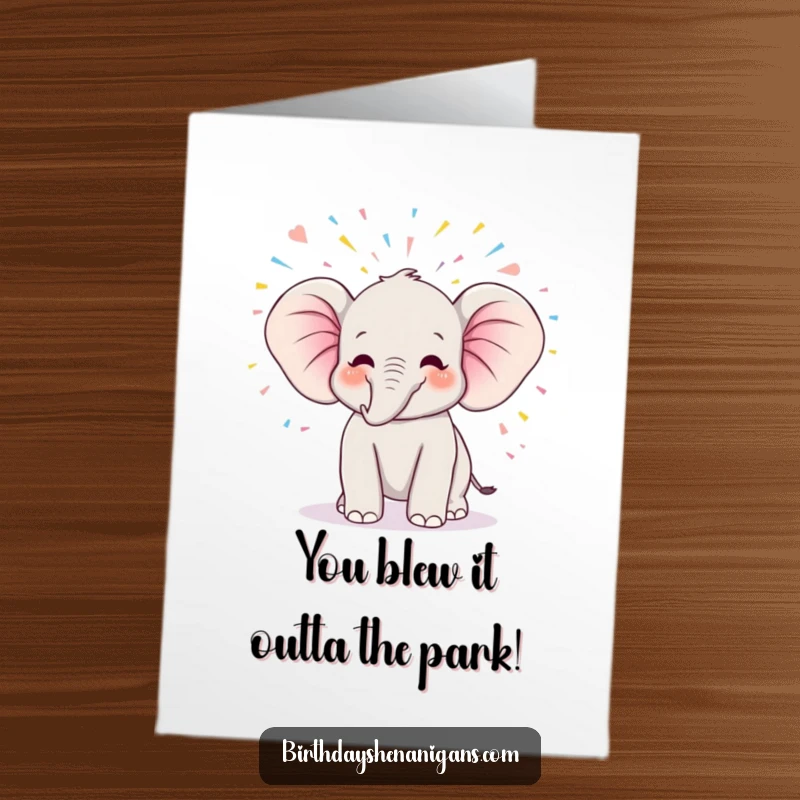 Funny Free Printable kawaii elephant trumpeting with excitement, surrounded by streamers, ideal for a congratulations card.