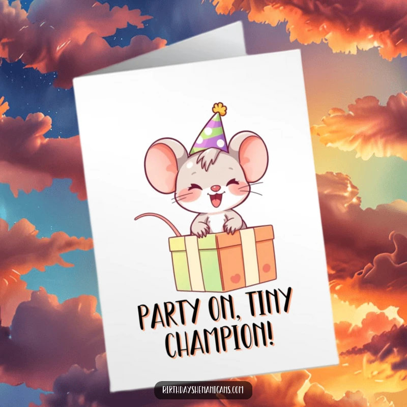 Funny Free Printable Congrats Card: Giggling mouse in party hat rides a gift box, celebrating success.