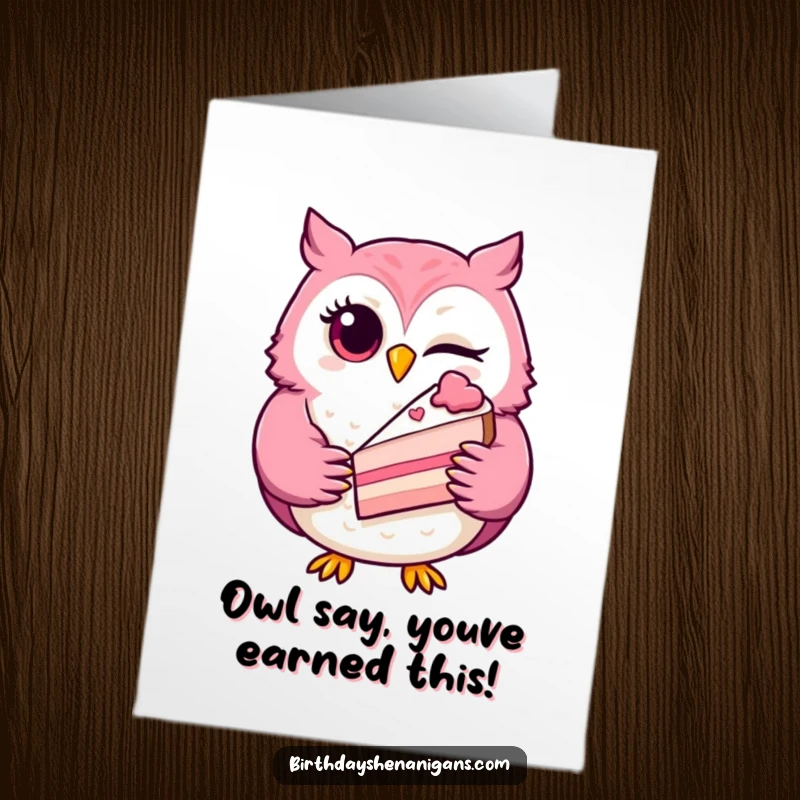 Funny Free Printable Congrats Card: A winking owl proudly holds a slice of cake, celebrating achievement.