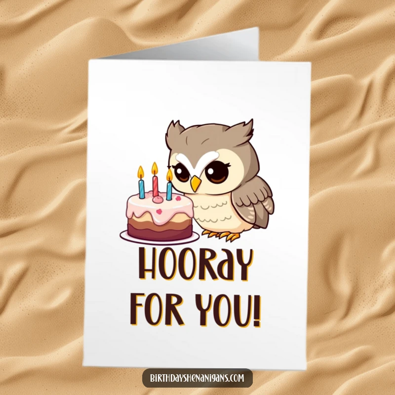 Funny Free Printable Congratulations Card: An inquisitive owl examines a birthday cake, ideal for a humorous DIY gift.