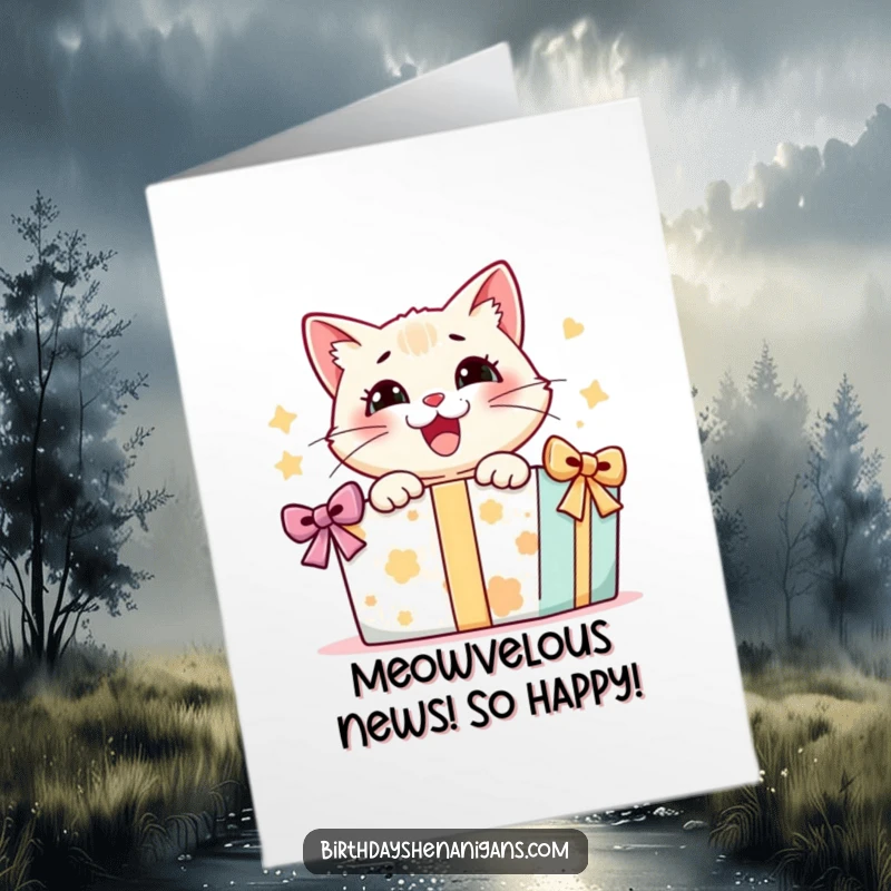 Funny Free Printable Congratulations Card: An ecstatic cat eagerly opens a big surprise gift, pure happiness personified.