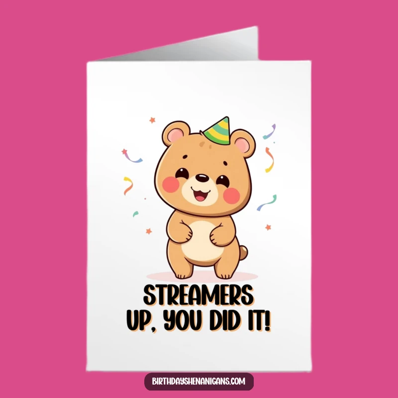 Free Printable Congrats Card: Juggling Bear Streamers Funny Downloadable Gift