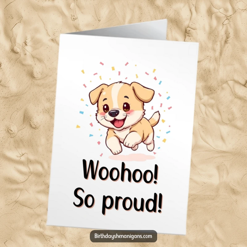 Funny Free Printable Puppy Congratulations Card: Excited puppy chasing a cascade of confetti, celebrating success with downloadable puppy glee.