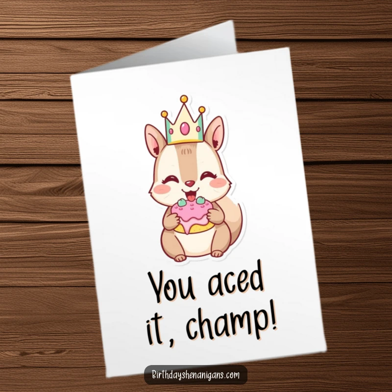 Funny Free Printable Congrats Card: Joyful squirrel in crown stuffs cheeks with cake, celebrating a win.