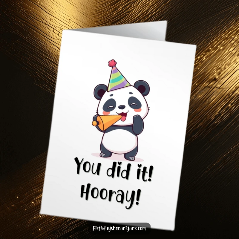 Funny Free Printable Panda Congratulations Card: Joyful panda in party hat blowing a noisemaker, celebrating success with downloadable humor.