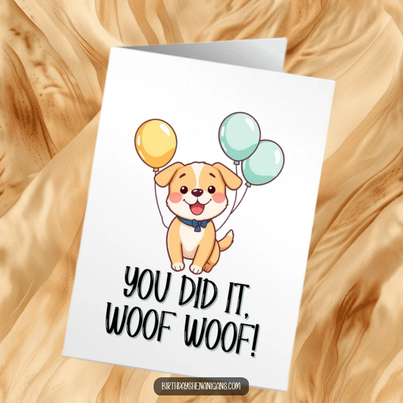 Funny Free Printable Kawaii Dog Congratulations Card: A dog joyfully bouncing with colorful balloons tied to its tail.