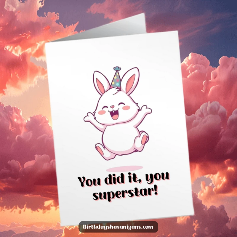 Funny free printable congratulations card depicting a fluffy bunny leaping ecstatically, ready to celebrate any milestone.