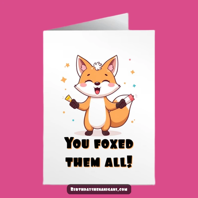 Free Printable Congrats Card: Funny Fox Juggling Poppers for Joyful Achievements