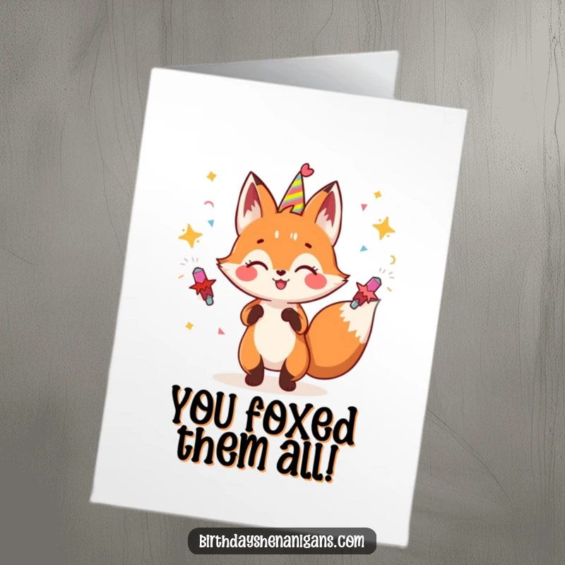 Funny Free Printable Congratulations Card: A gleeful fox juggles party poppers, celebrating achievement with dynamic humor.
