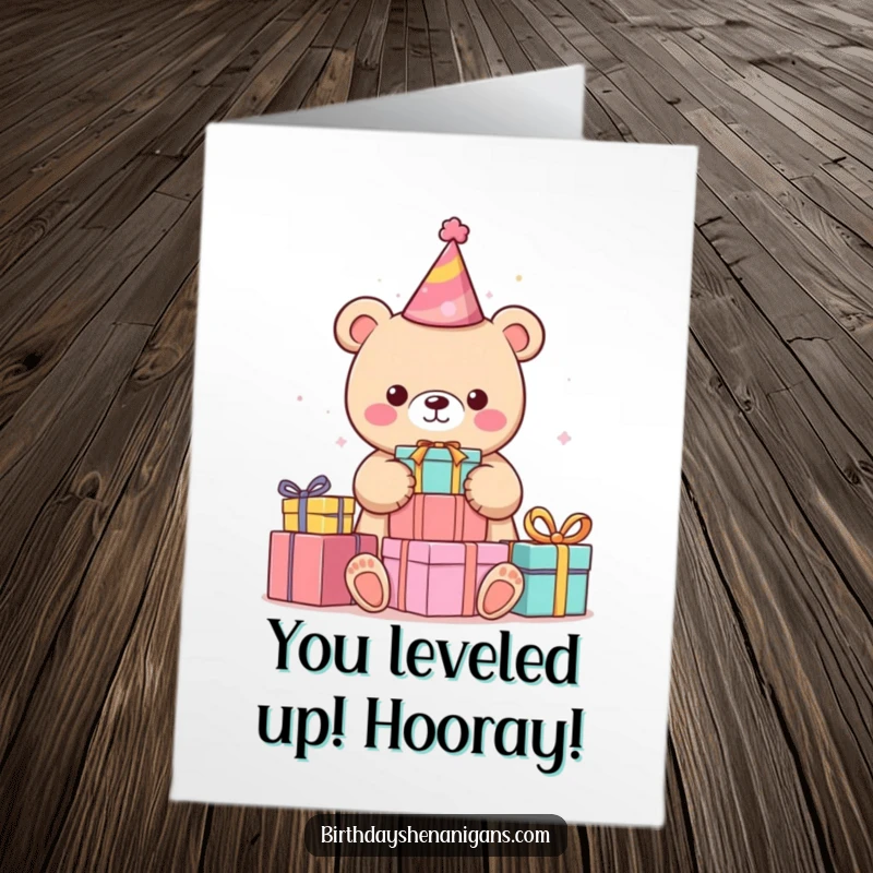 Funny Free Printable Congratulations Card: Adorable kawaii bear stacking colorful presents, perfect for celebrating big wins.