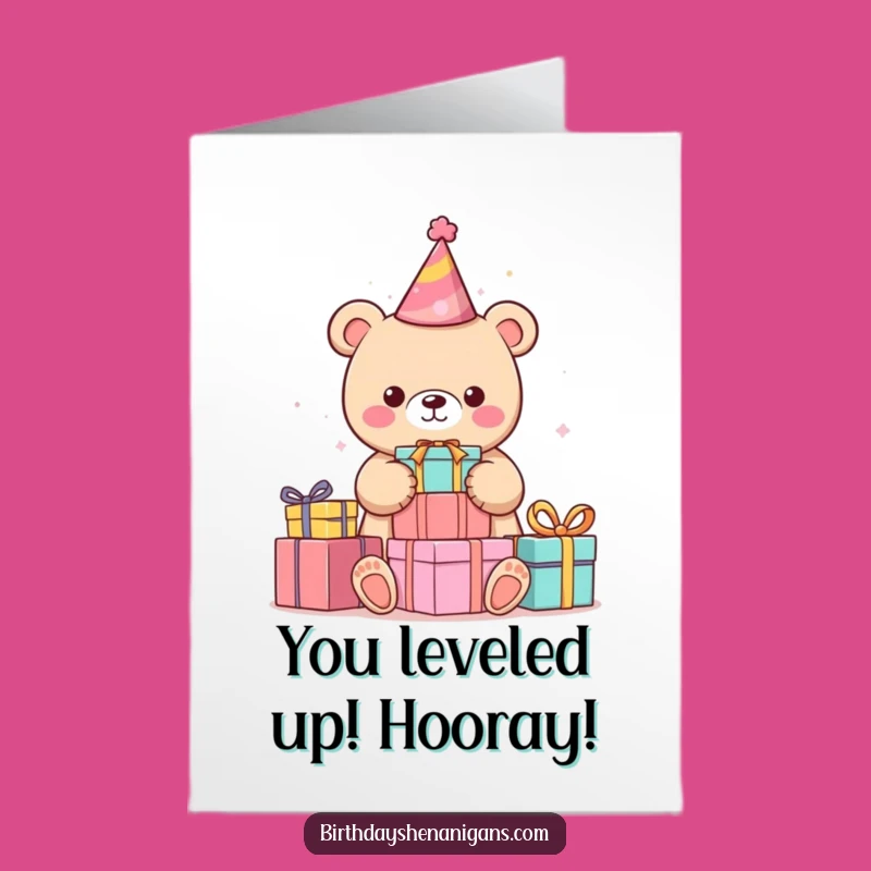 Free Printable Congratulations Card: Kawaii Bear Stacking Presents for a Joyful DIY Downloadable Gift