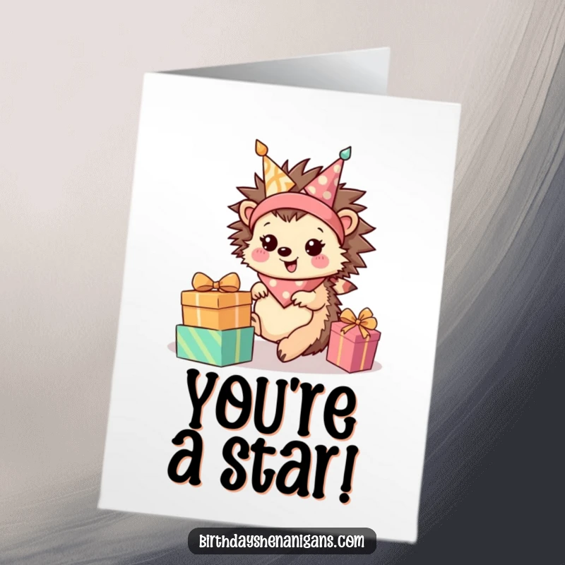 Funny Free Printable Congrats Card: Happy hedgehog in bandana rolls towards presents, celebrating a win.