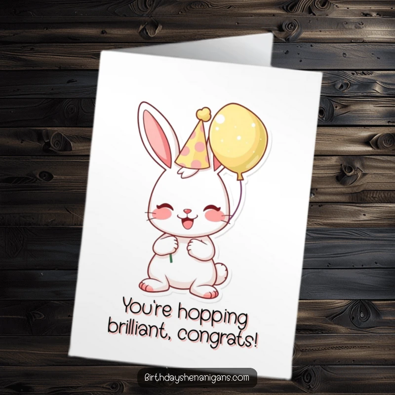Funny Free Printable Congratulations Card: A cheerful bunny with a birthday hat and balloon sends happy wishes for any event.