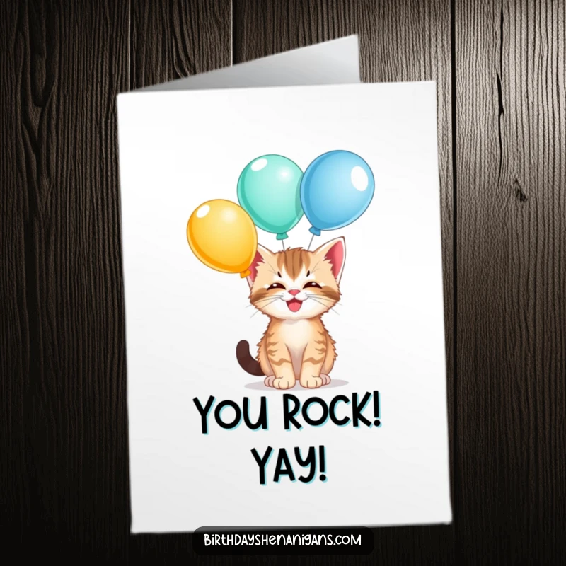 Funny Free Printable Kitten Congratulations Card: Giggling kitten balancing balloons on its nose, celebrating success with downloadable feline flair.
